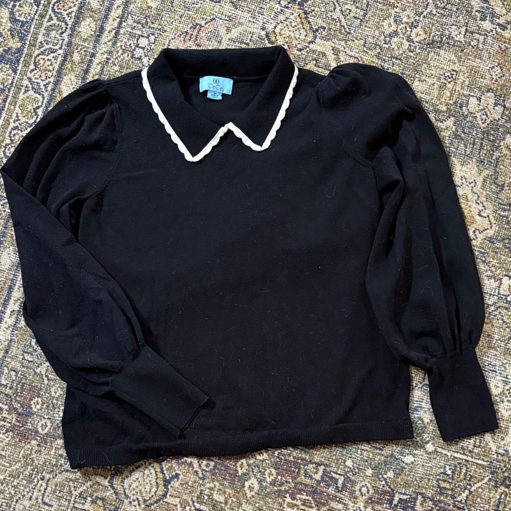 CeCe Black Sweater with White Scalloped Collar